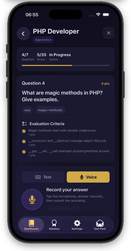 SpellInterview iOS interview screen with a PHP developer question, scoring progress, and voice answer controls.